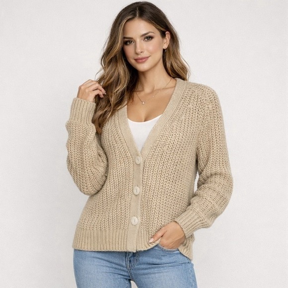 Haven Well Within Sweaters - Haven Womens XL Knit Cardigan Shaker Stitch Tan Chunky Button Sweater Soft Cozy